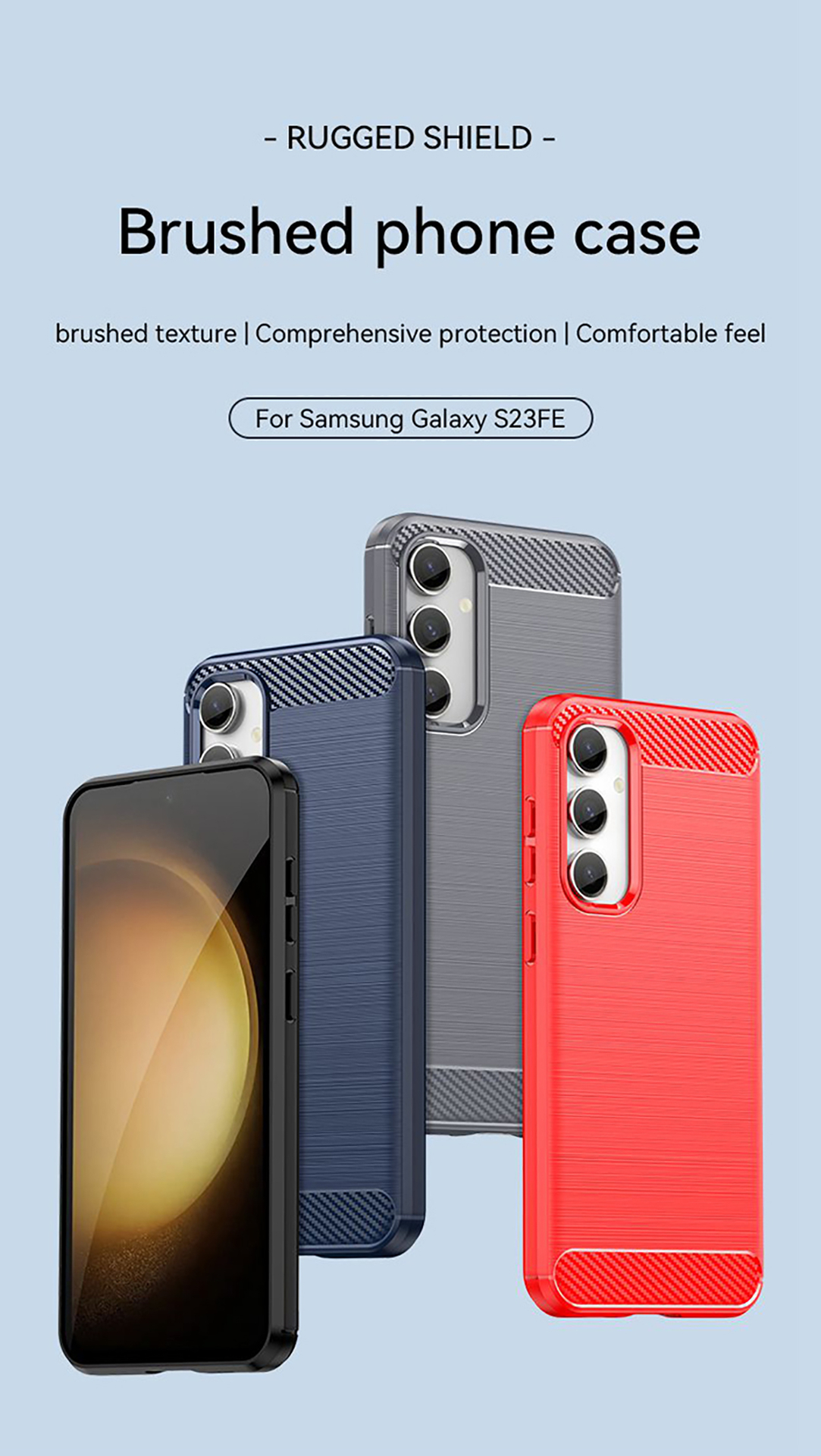 Vier telefoonhoesjes in rood, blauw, grijs en zwart met geborstelde textuur.