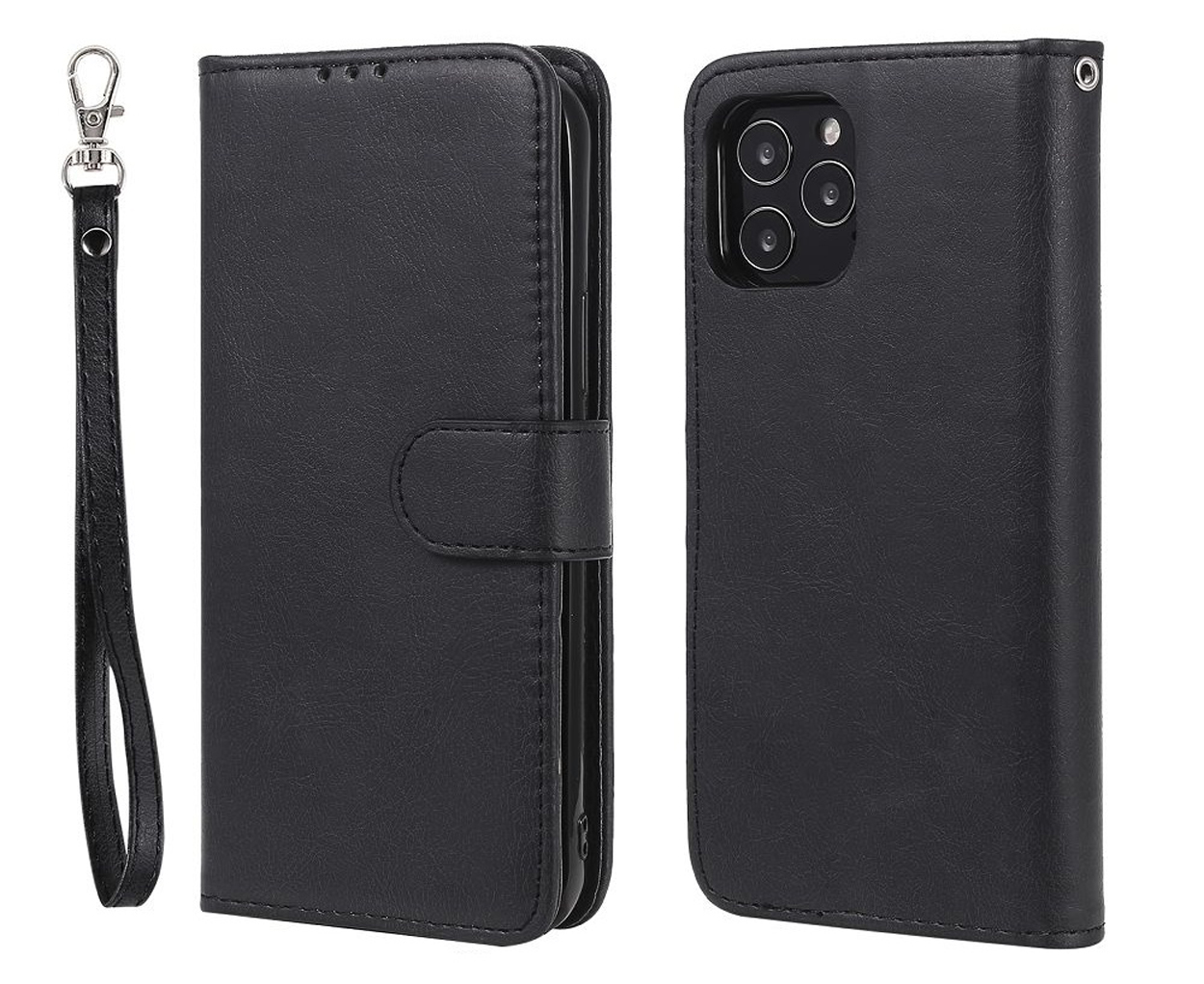 Étui portefeuille en cuir noir pour téléphone avec dragonne.