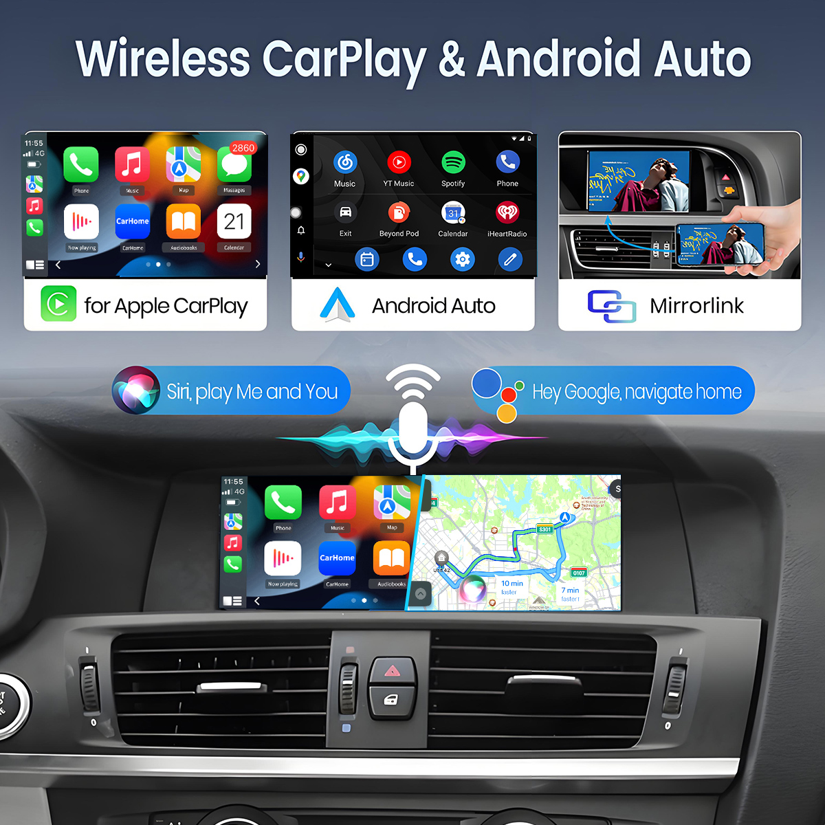 Ekran pokazuje Apple CarPlay, Android Auto i Mirrorlink z asystentami głosowymi.