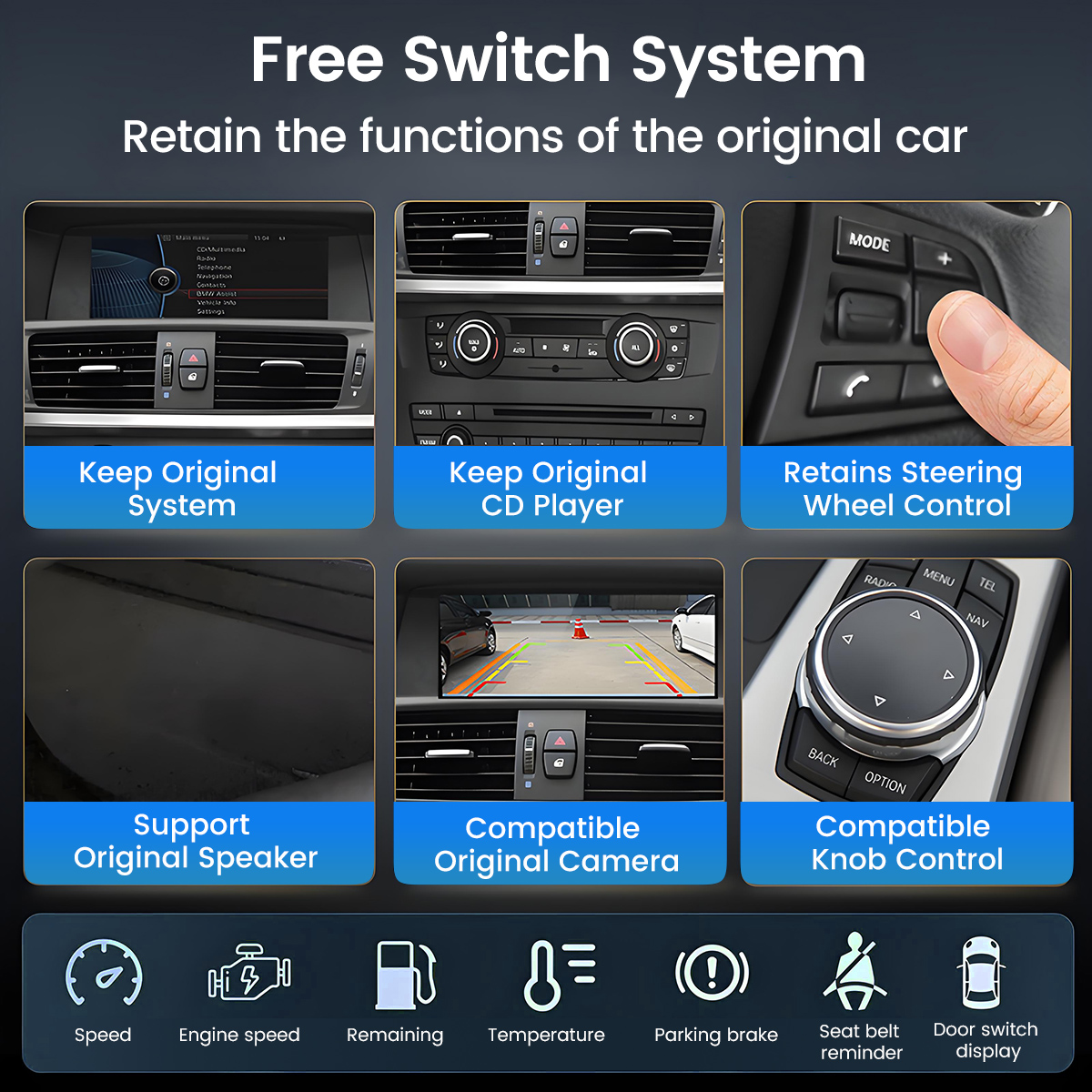 Obraz przedstawia systemy infotainment samochodu: radio, CD, kierownicę, kamerę, pokrętło.
