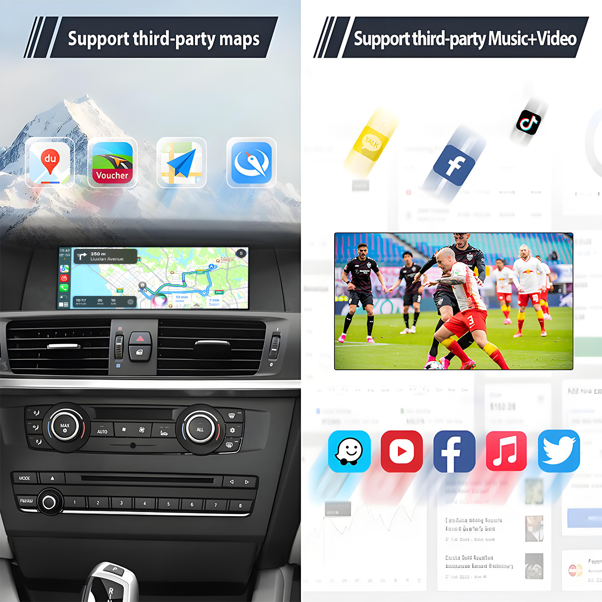 System infotainment wyświetlający mapy, aplikacje muzyczne, wideo i piłkarzy.