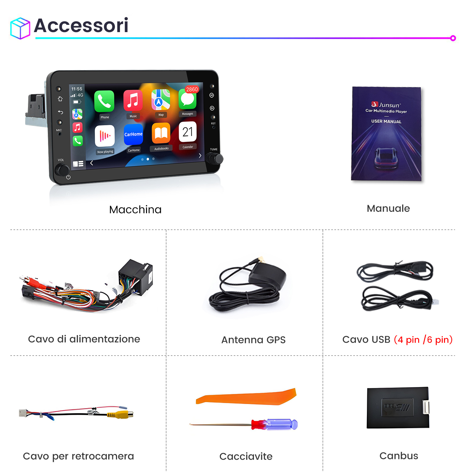 Accessori: Autoradio, manuale, cavi, antenna, USB, telecamera, cacciavite, Canbus.