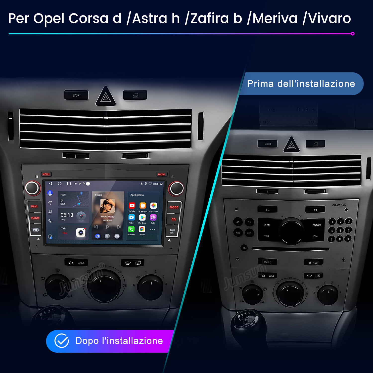Confronto prima e dopo di una autoradio per Opel.