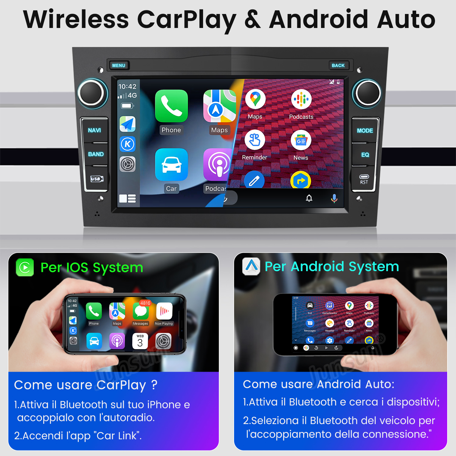 Schermo autoradio mostra CarPlay e Android Auto. Sotto due telefoni con istruzioni.