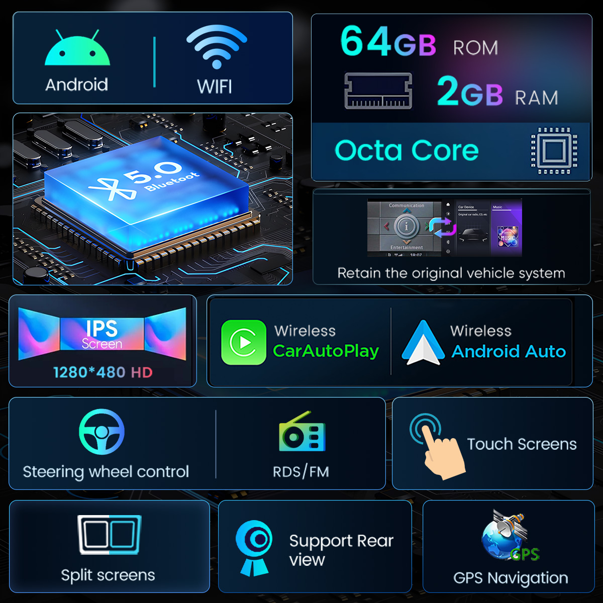 Funzionalità autoradio: Android, WiFi, 64GB ROM, 2GB RAM, Octa Core, schermo IPS.