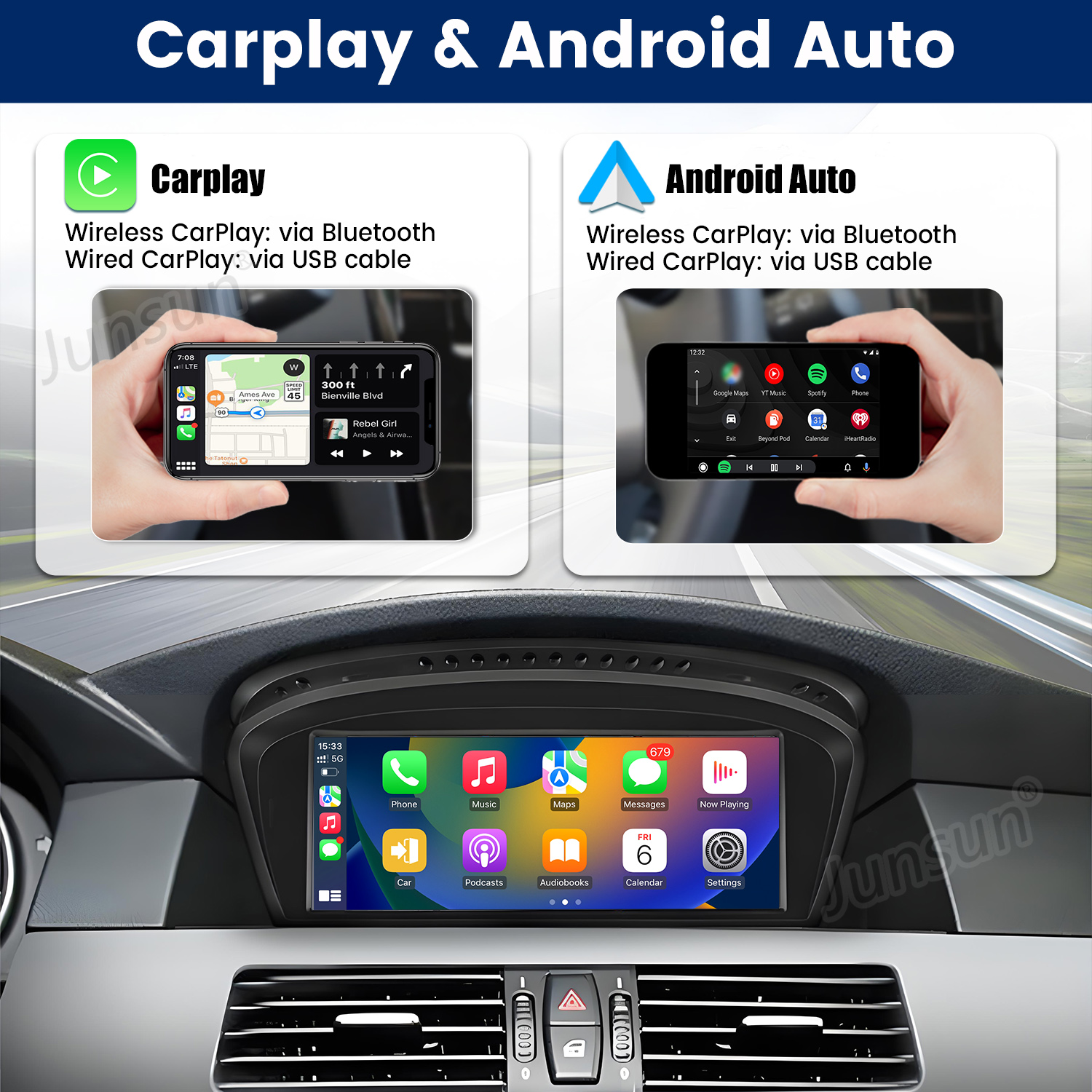 Confronto tra CarPlay e Android Auto con schermi di smartphone e display della radio dell'auto.