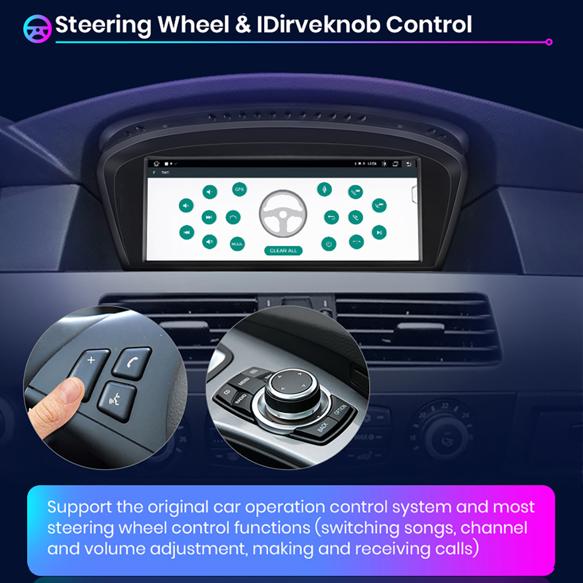 Interno auto con schermo infotainment, pulsanti volante e manopola di controllo.