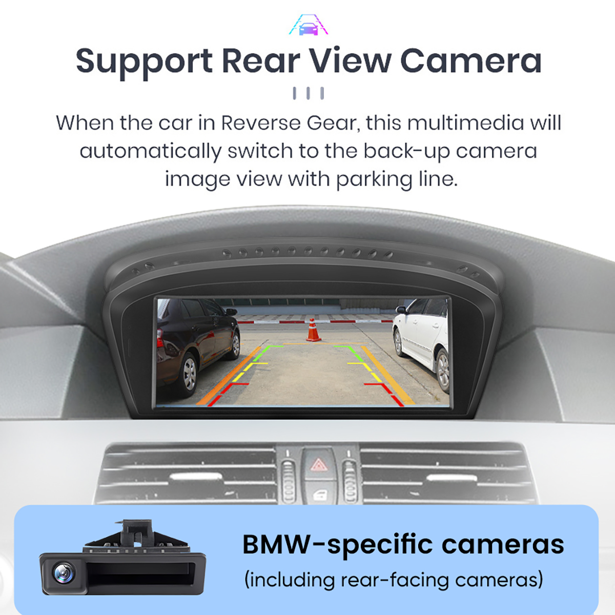 Un sistema multimediale per auto che mostra una telecamera posteriore con linee di parcheggio.