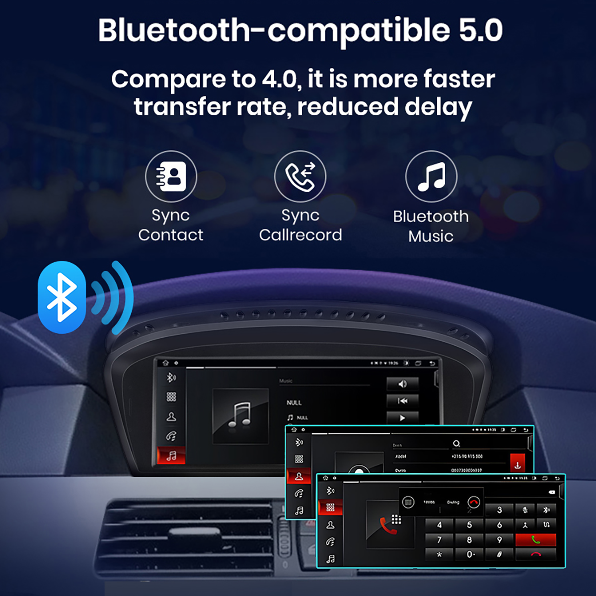 Sistema di infotainment per auto con icone Bluetooth 5.0 per contatti, chiamate e musica.