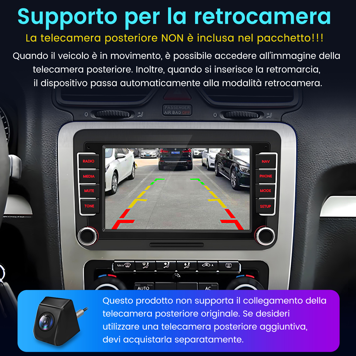 Autoradio mostra vista posteriore con linee guida e una piccola telecamera.