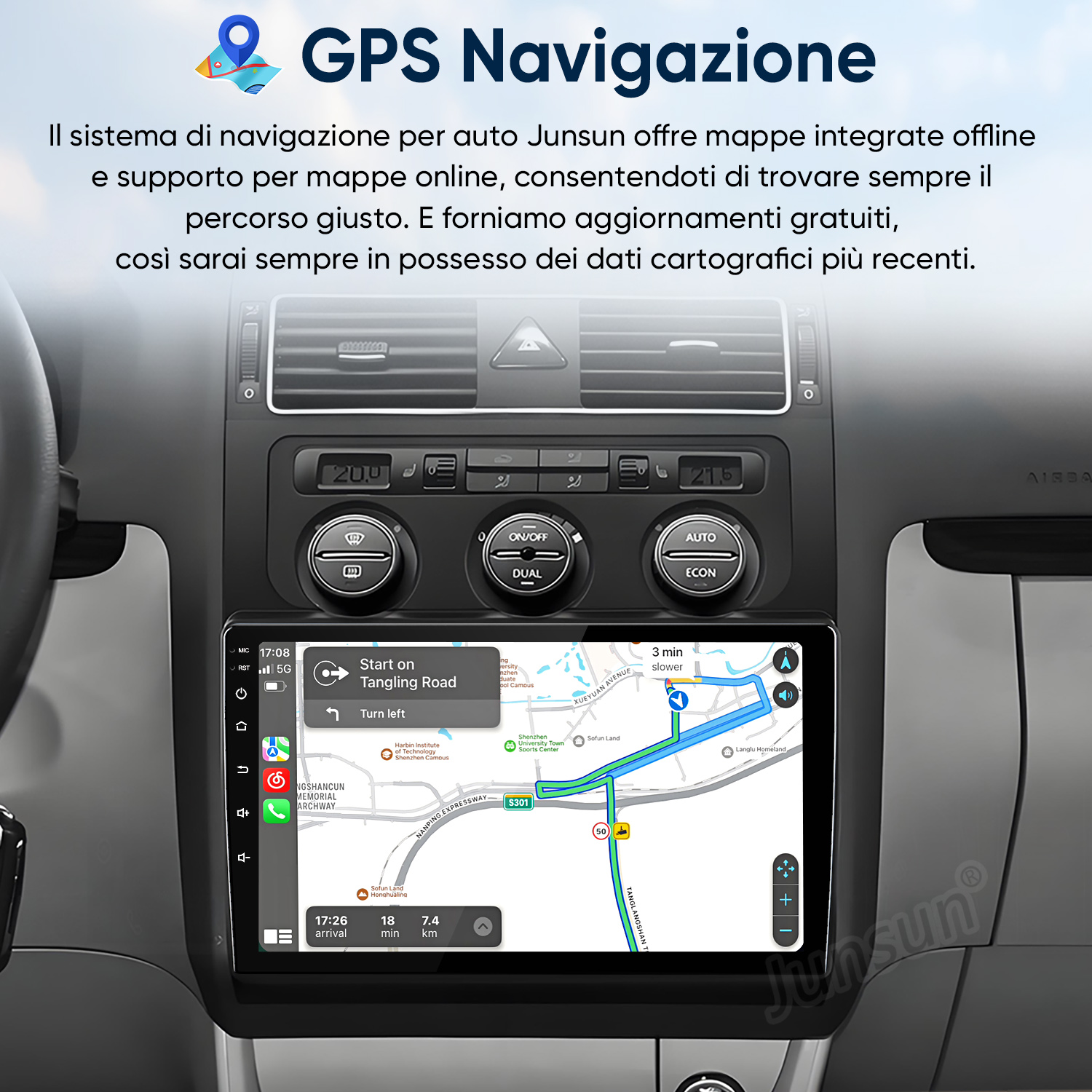 Sistema di navigazione auto con visualizzazione percorso su schermo.