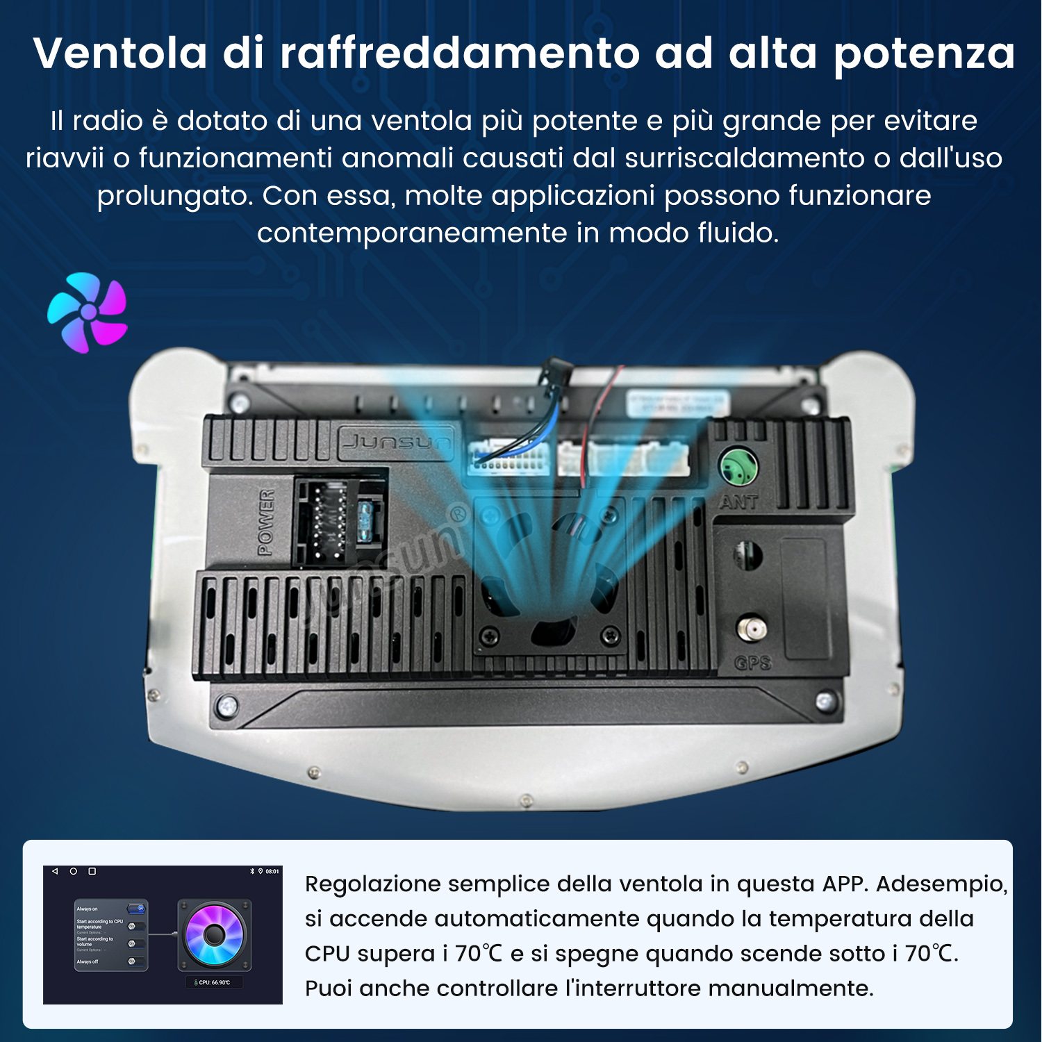 Retro di autoradio con ventola e flusso d'aria di raffreddamento. Luci blu.