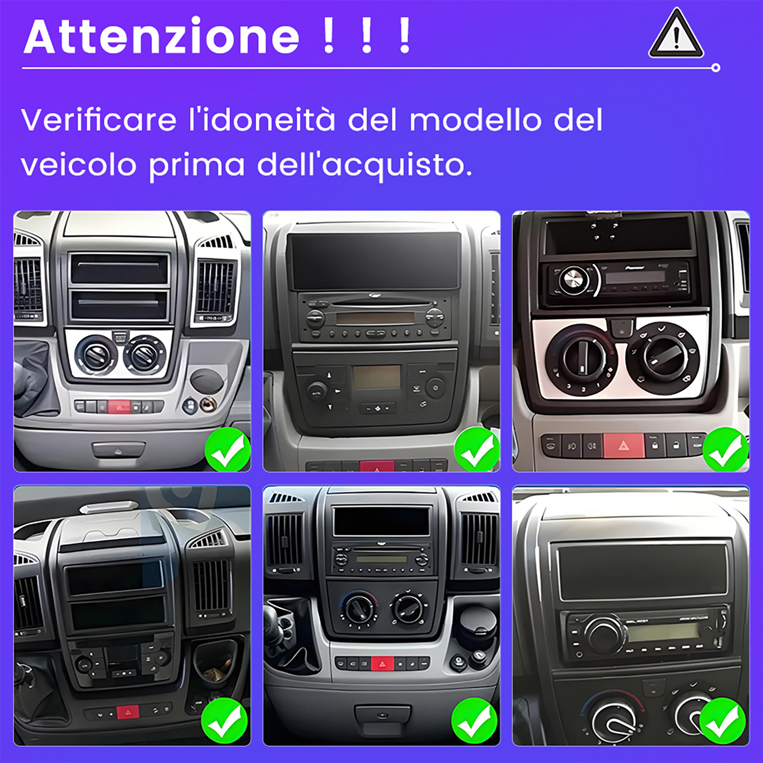 Sei cruscotti auto diversi con radio. Alcuni hanno segni di spunta verdi.