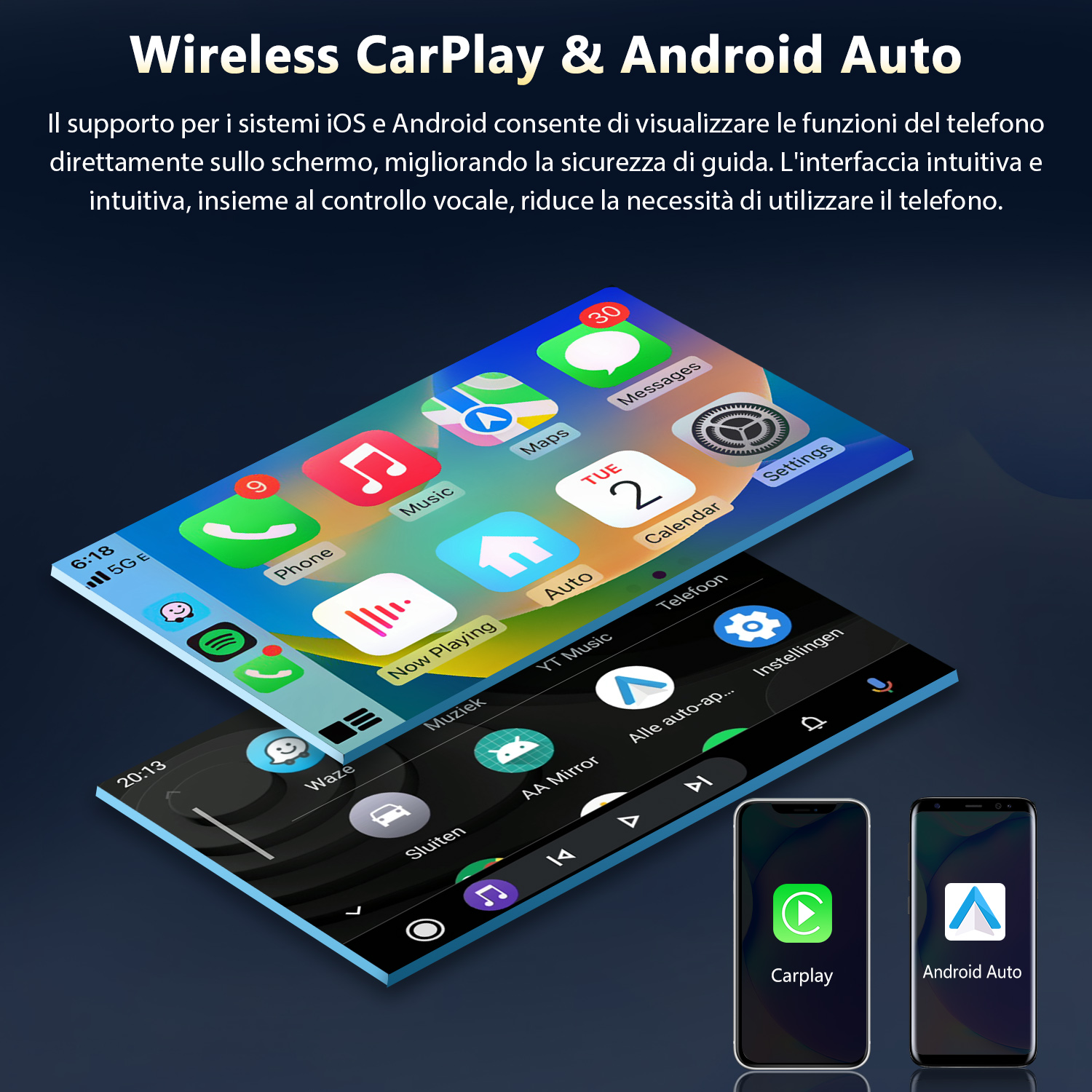 CarPlay e Android Auto wireless mostrati sui display.
