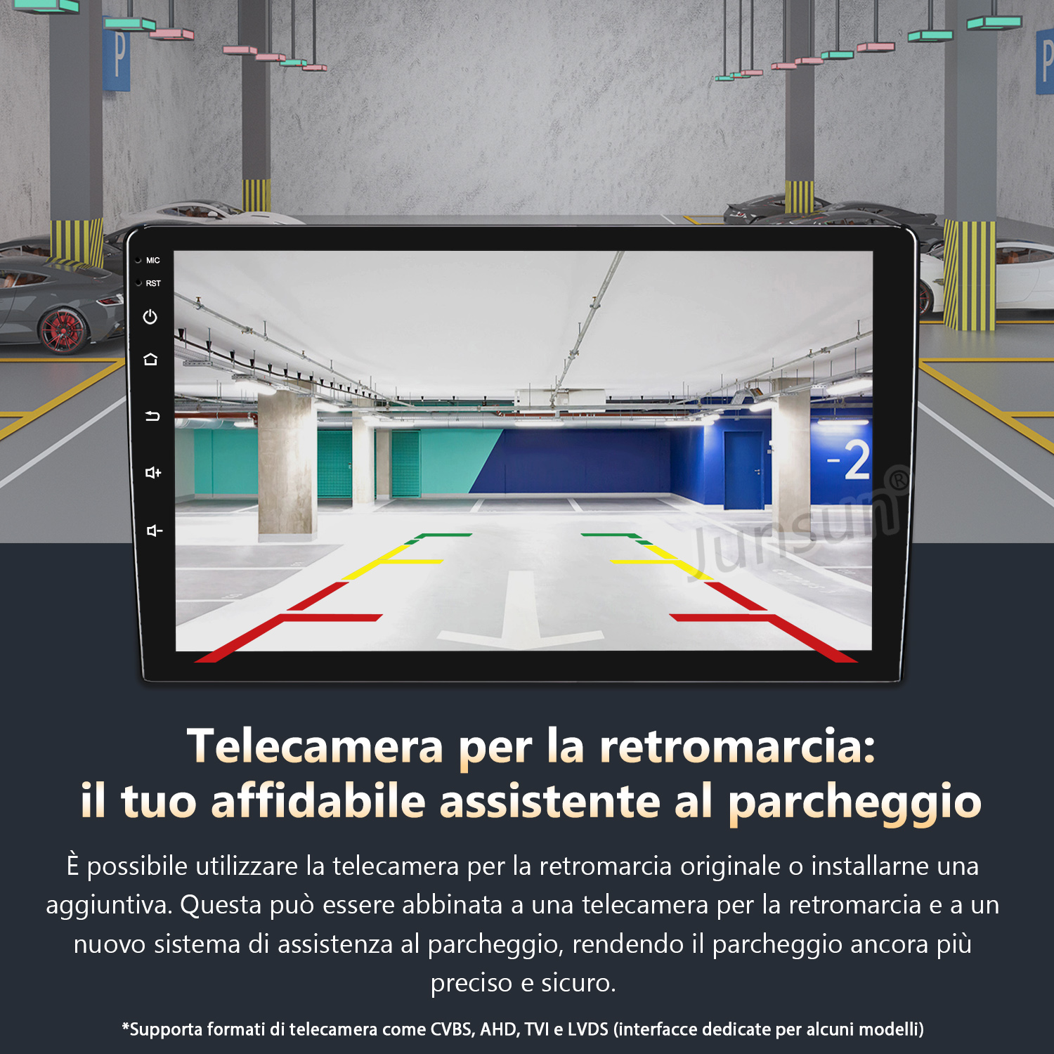 Schermo auto che mostra vista telecamera retromarcia in un parcheggio.