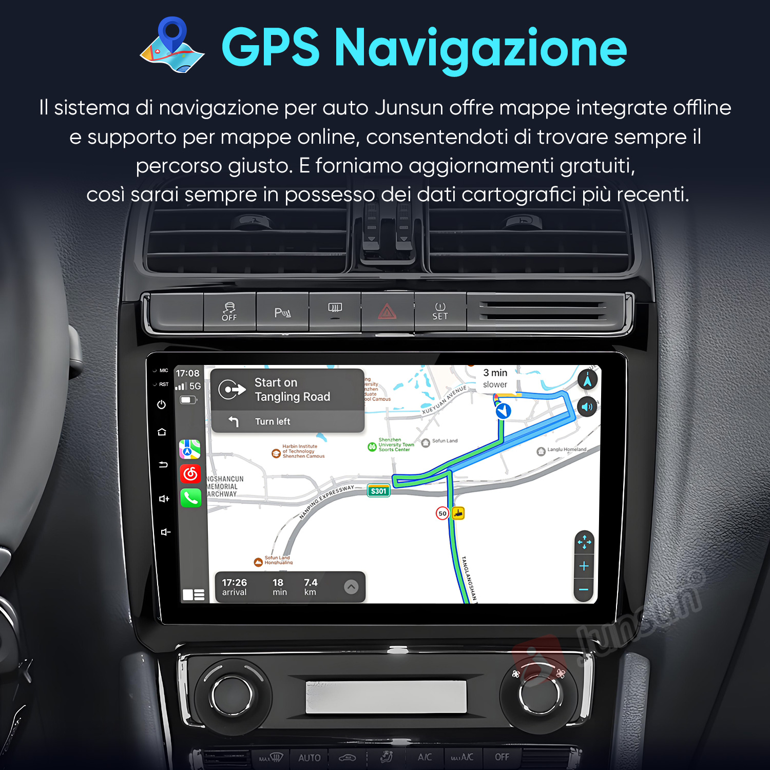Sistema di navigazione per auto mostra una mappa con guida del percorso su display touch.