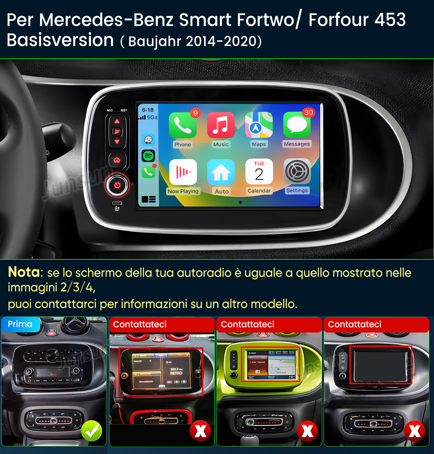 Schermo auto Mercedes Smart con Apple CarPlay, app e controlli.