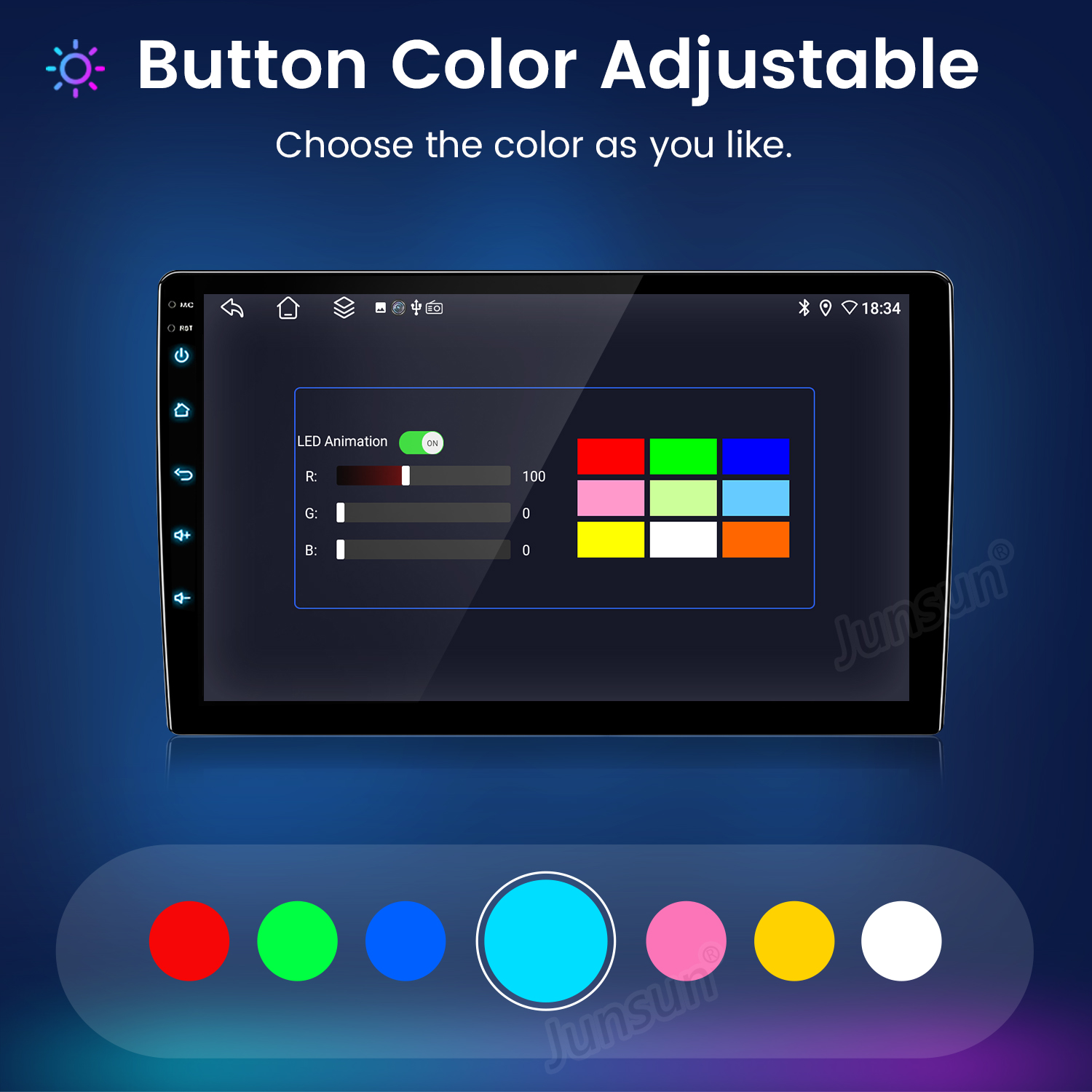 Un touchscreen mostra opzioni di colore e cursori R G B.
