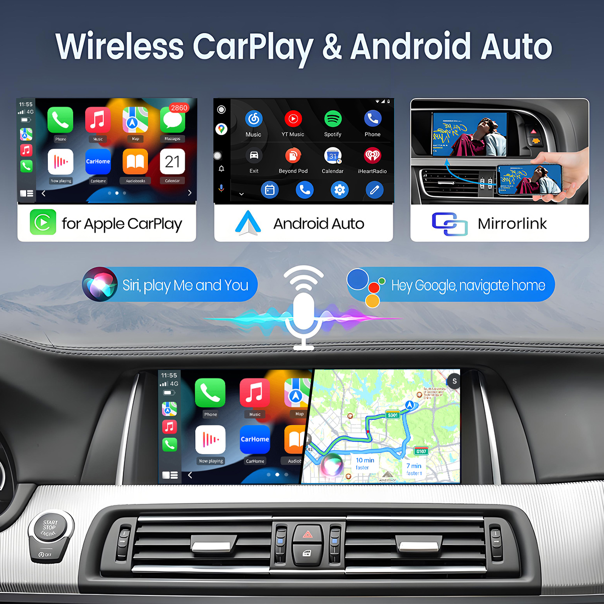 Interno auto con schermi Apple CarPlay, Android Auto e Mirrorlink.