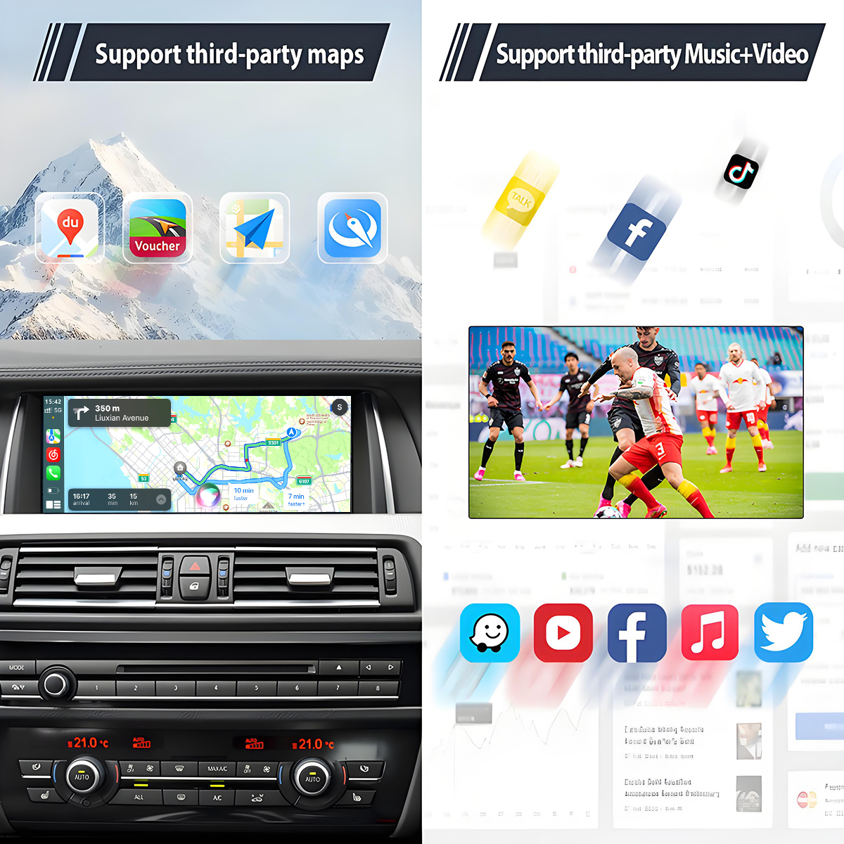 Supporto navigazione e media con icone app, partita di calcio e controlli auto.