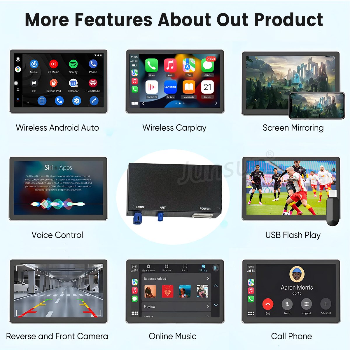 Molteplici funzioni di infotainment per auto: Android Auto, Carplay, mirroring dello schermo, controllo vocale, riproduzione USB, musica, chiamate.