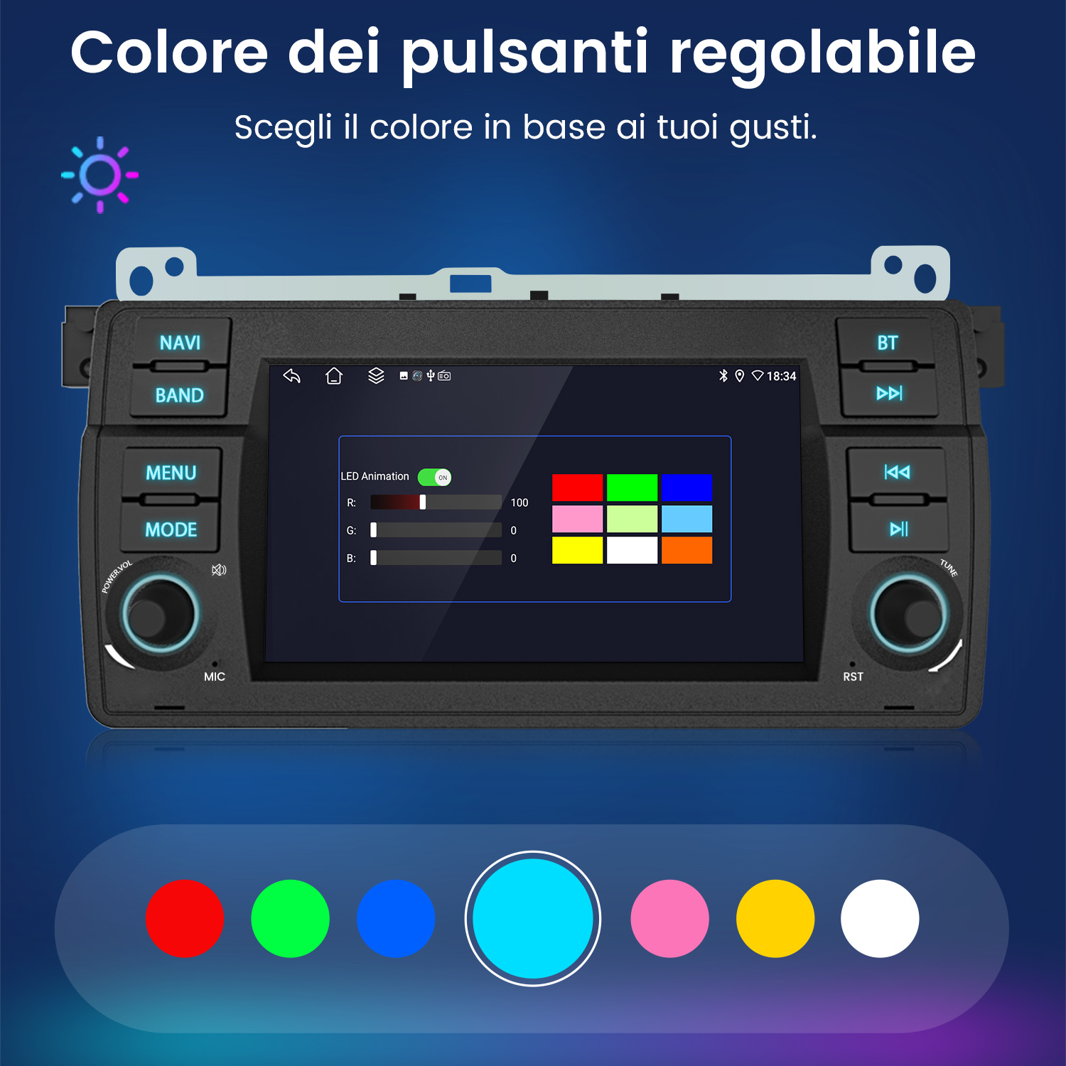 Schermo autoradio mostra opzioni colore, inclusi cerchi rossi, verdi, blu e ciano.