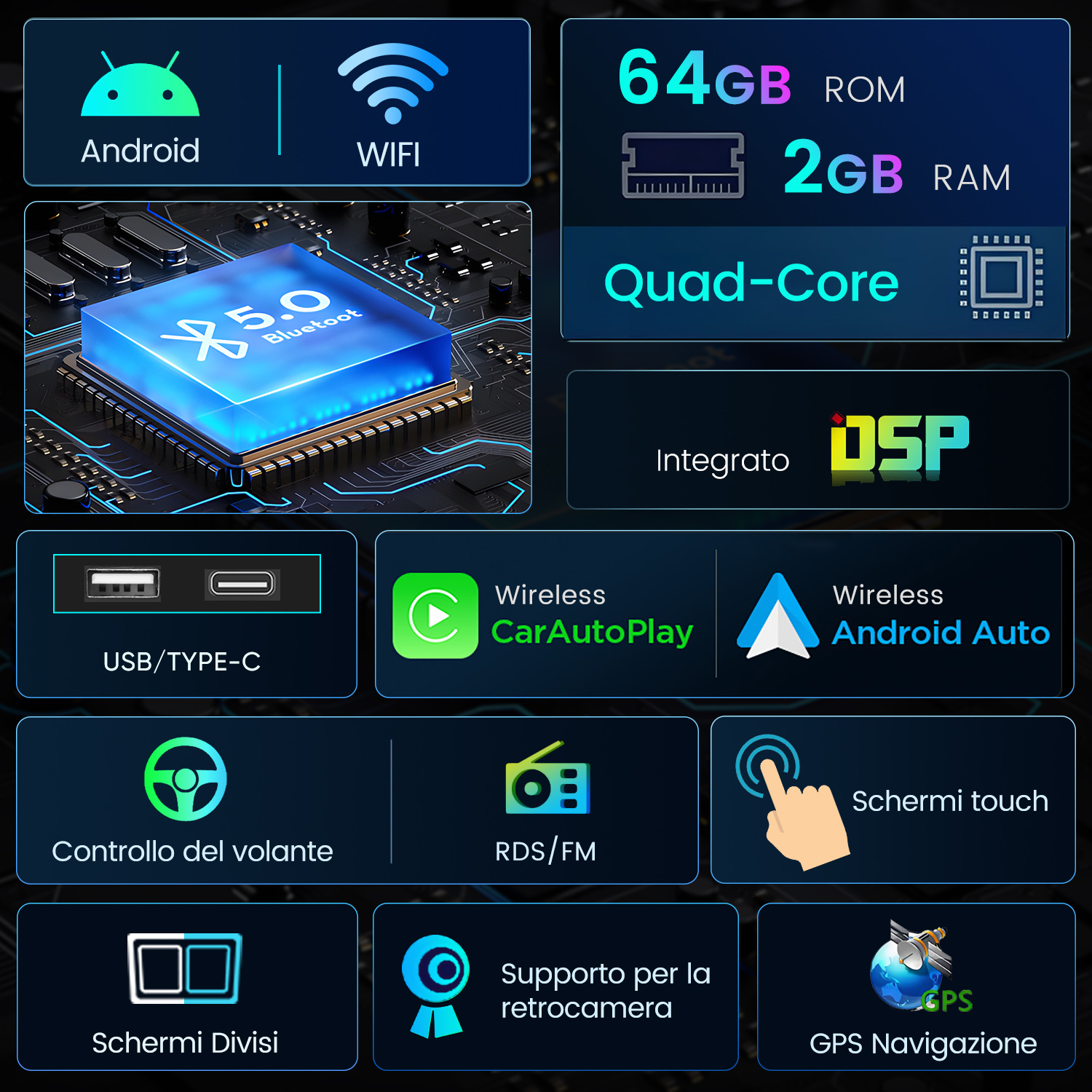 Android, WIFI, 64GB ROM, 2GB RAM, Quad-Core, Bluetooth 5.0, USB/Type-C, CarAutoPlay, Android Auto.