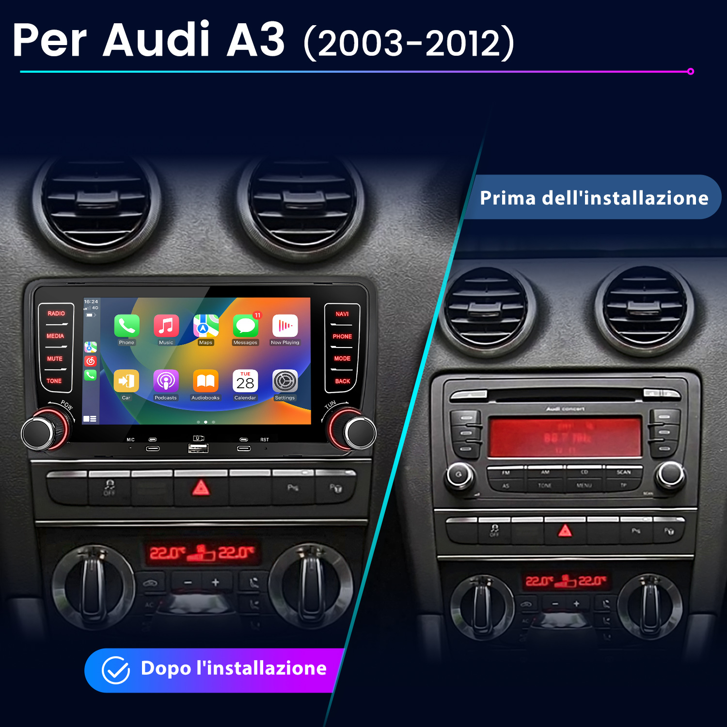 Interno Audi A3: Confronto prima/dopo autoradio e controlli clima.