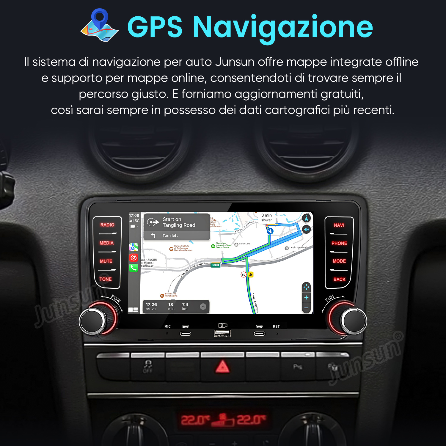 Cruscotto auto con schermo di navigazione GPS che mostra un percorso.