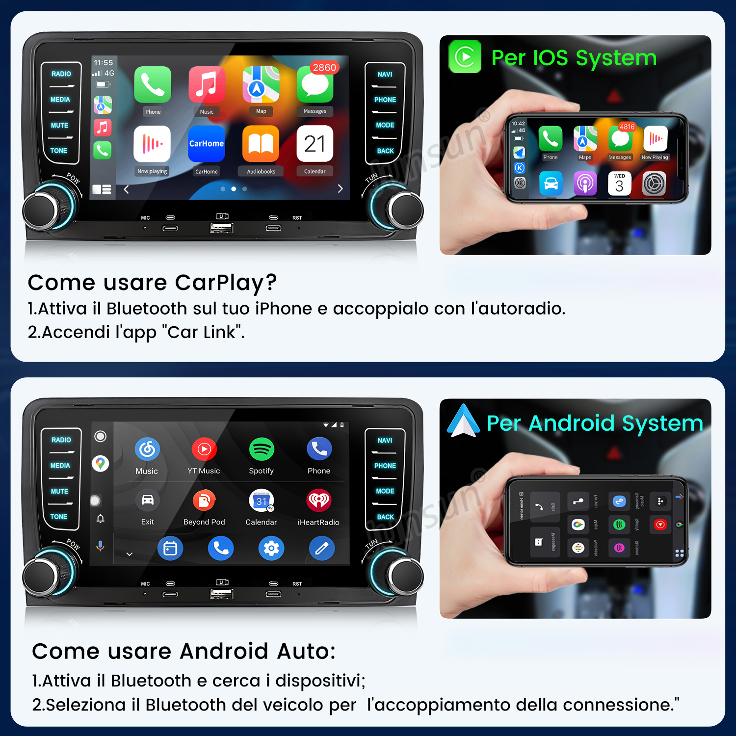 Schermo auto con interfacce CarPlay e Android Auto e icone app.
