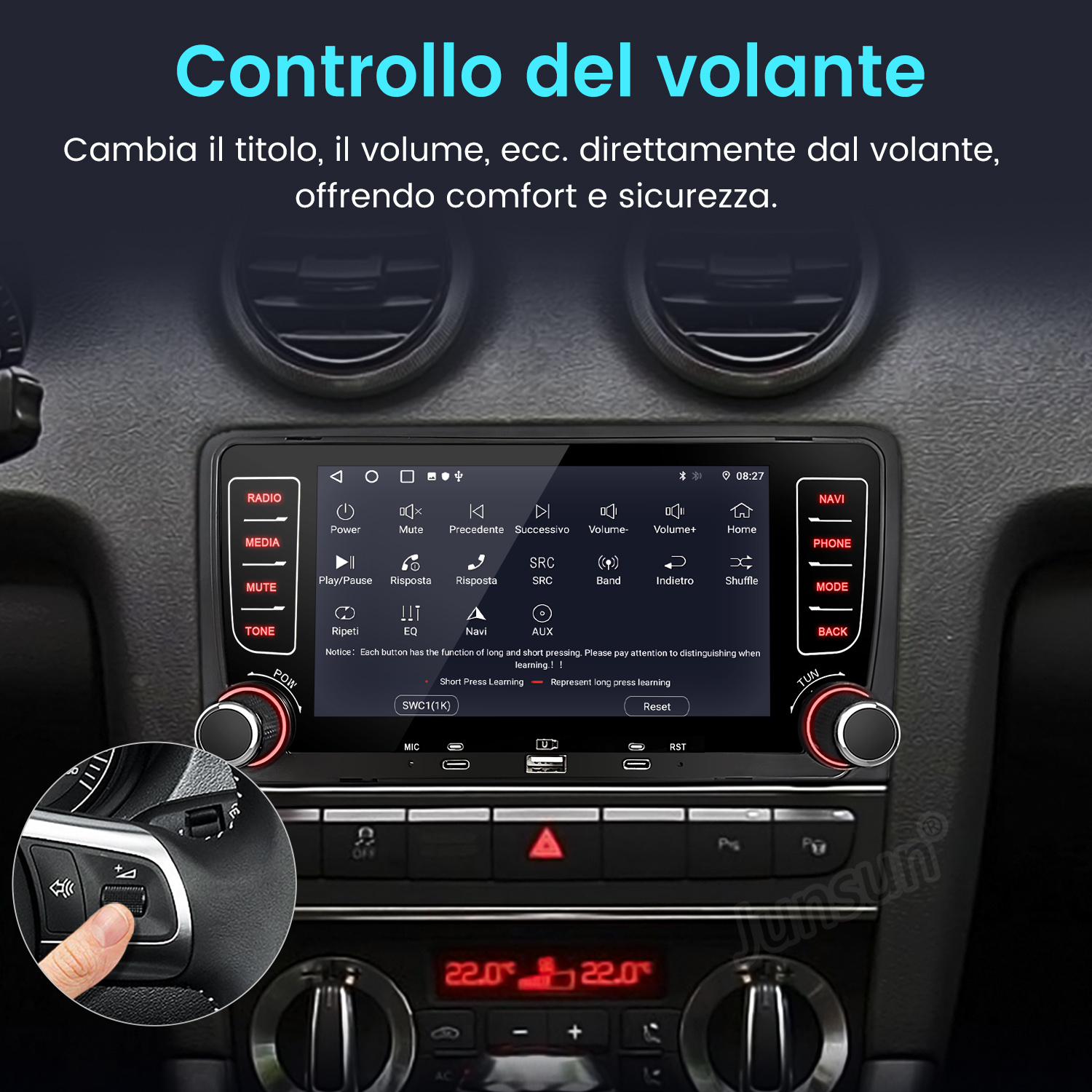 Sistema di infotainment per auto con touchscreen e comandi al volante.