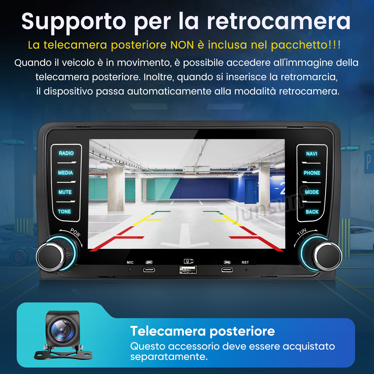 Autoradio mostra vista telecamera posteriore di un parcheggio.