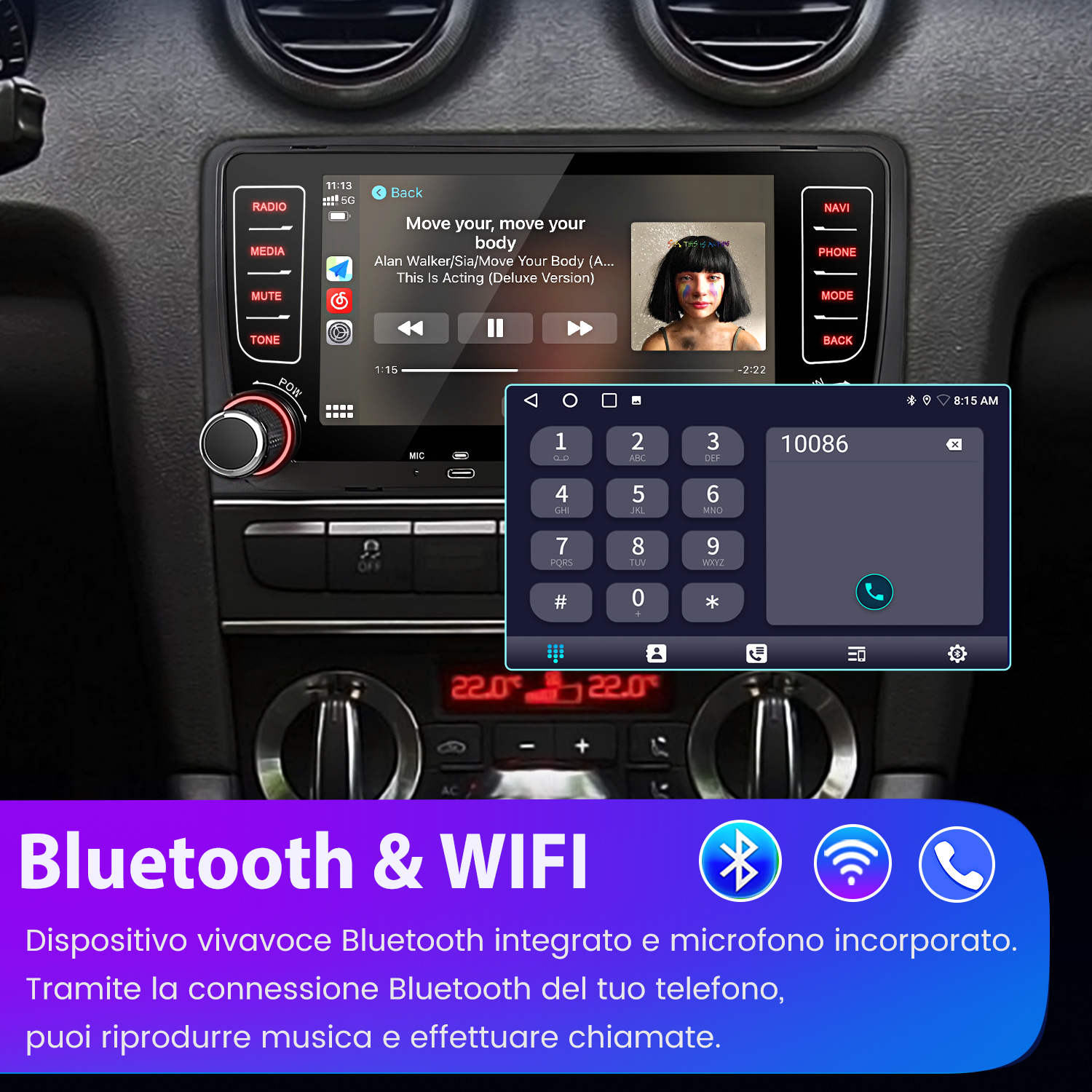 Interno auto con radio touchscreen che riproduce musica e mostra tastierino.