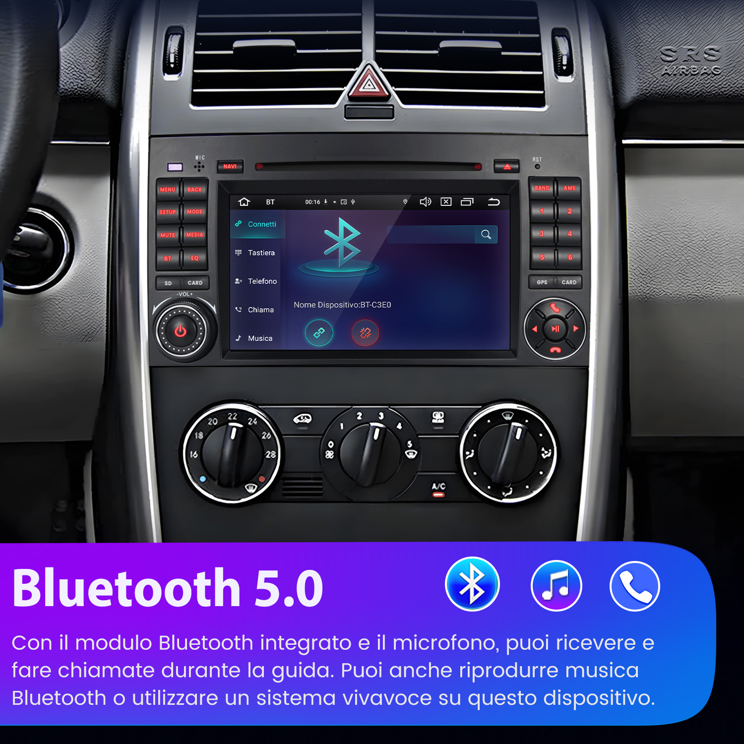 Sistema di infotainment per auto con connessione Bluetooth e controlli climatici.