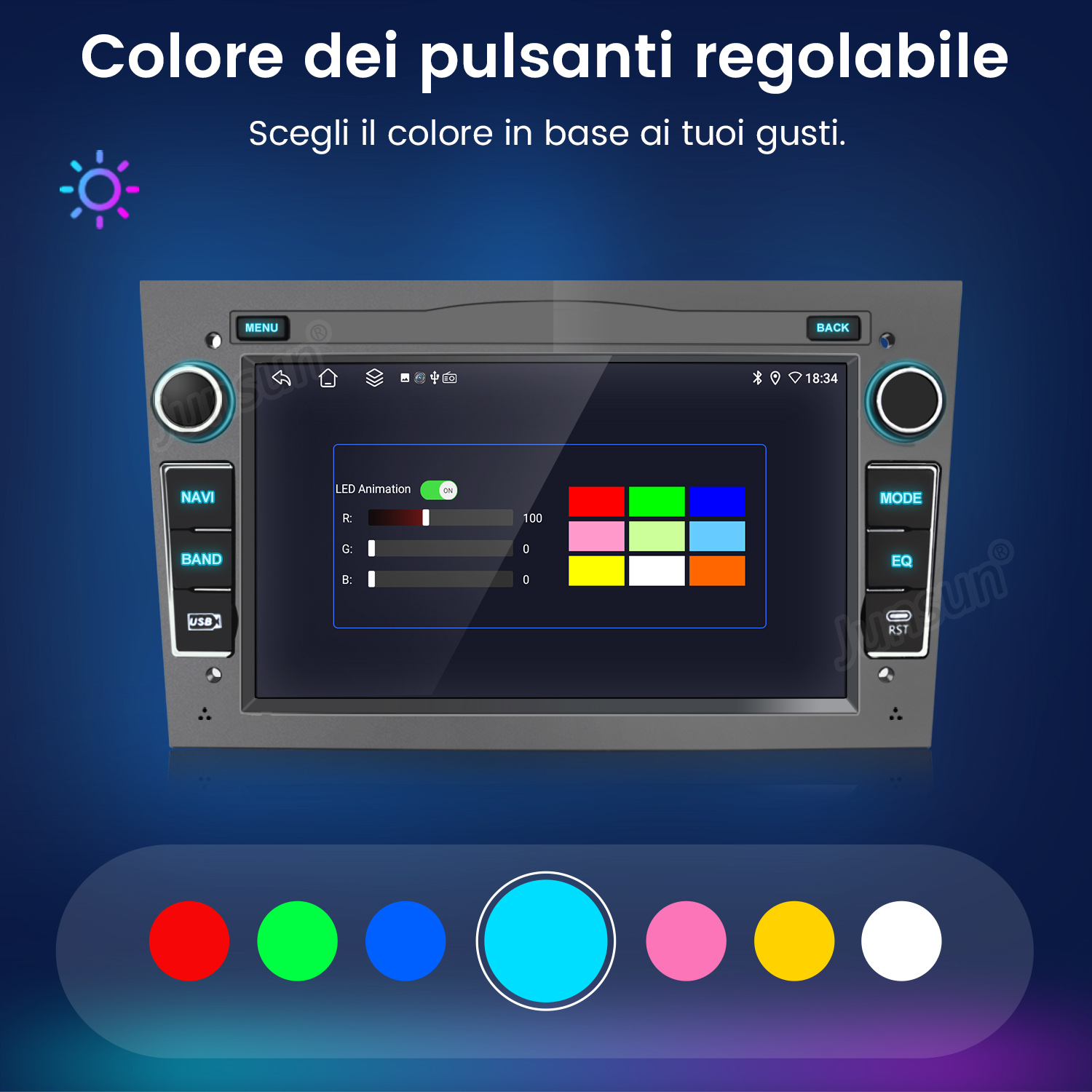 Schermo autoradio mostra opzioni di selezione colore con cursori e quadrati.