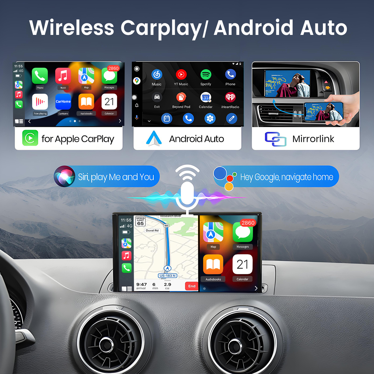 Schermi infotainment auto: Apple CarPlay, Android Auto, Mirrorlink e navigazione.