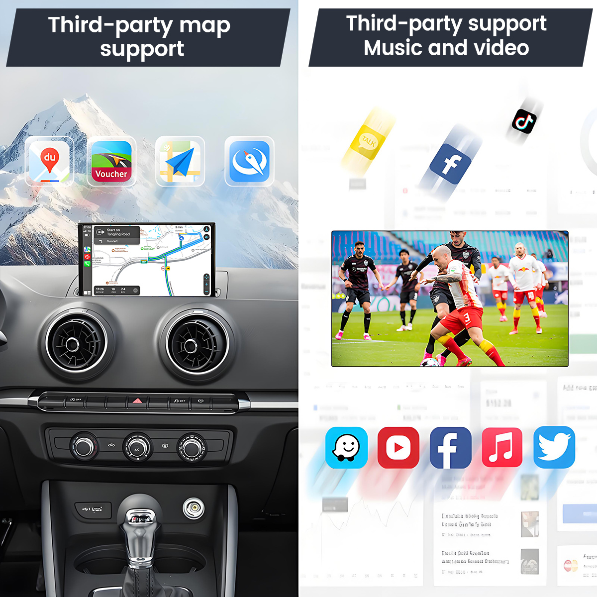 Interno auto con navigazione e icone social.