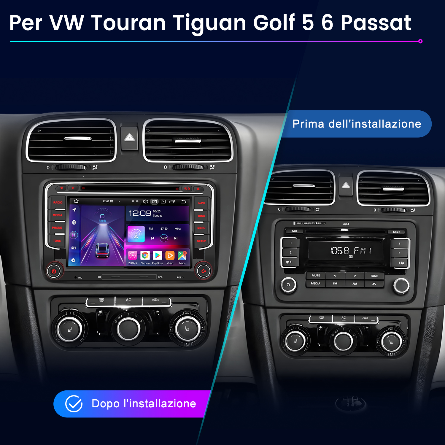 Confronto prima/dopo di un sistema di infotainment VW.