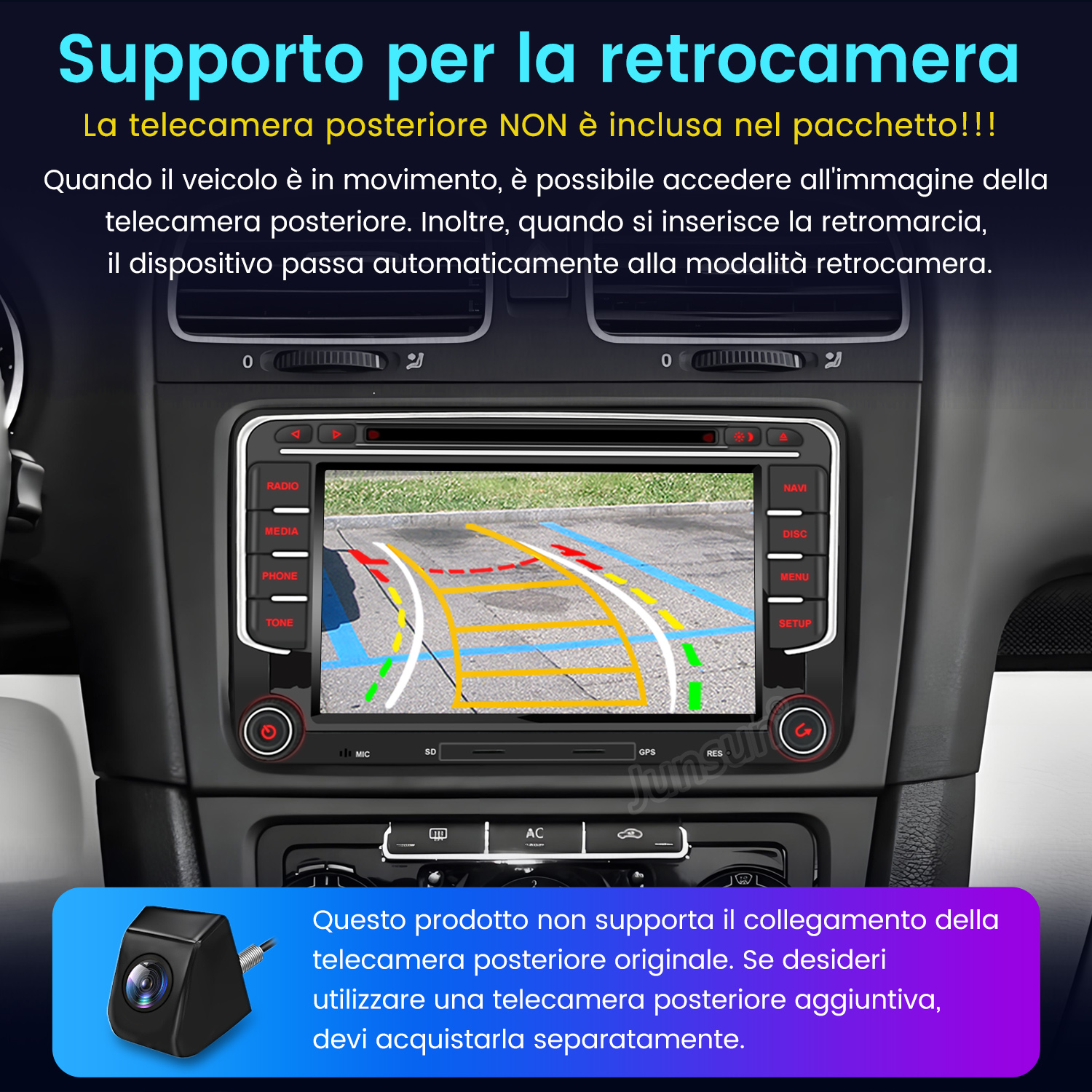 Display telecamera retromarcia auto con linee di parcheggio e telecamera separata.