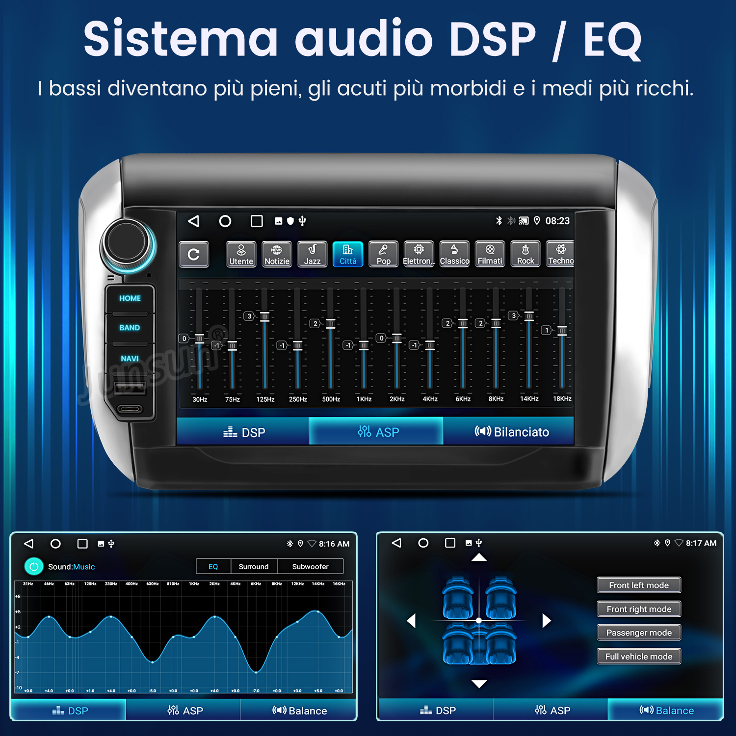 Sistema audio per auto con DSP/EQ. Visualizza impostazioni equalizzatore e modalità altoparlanti.