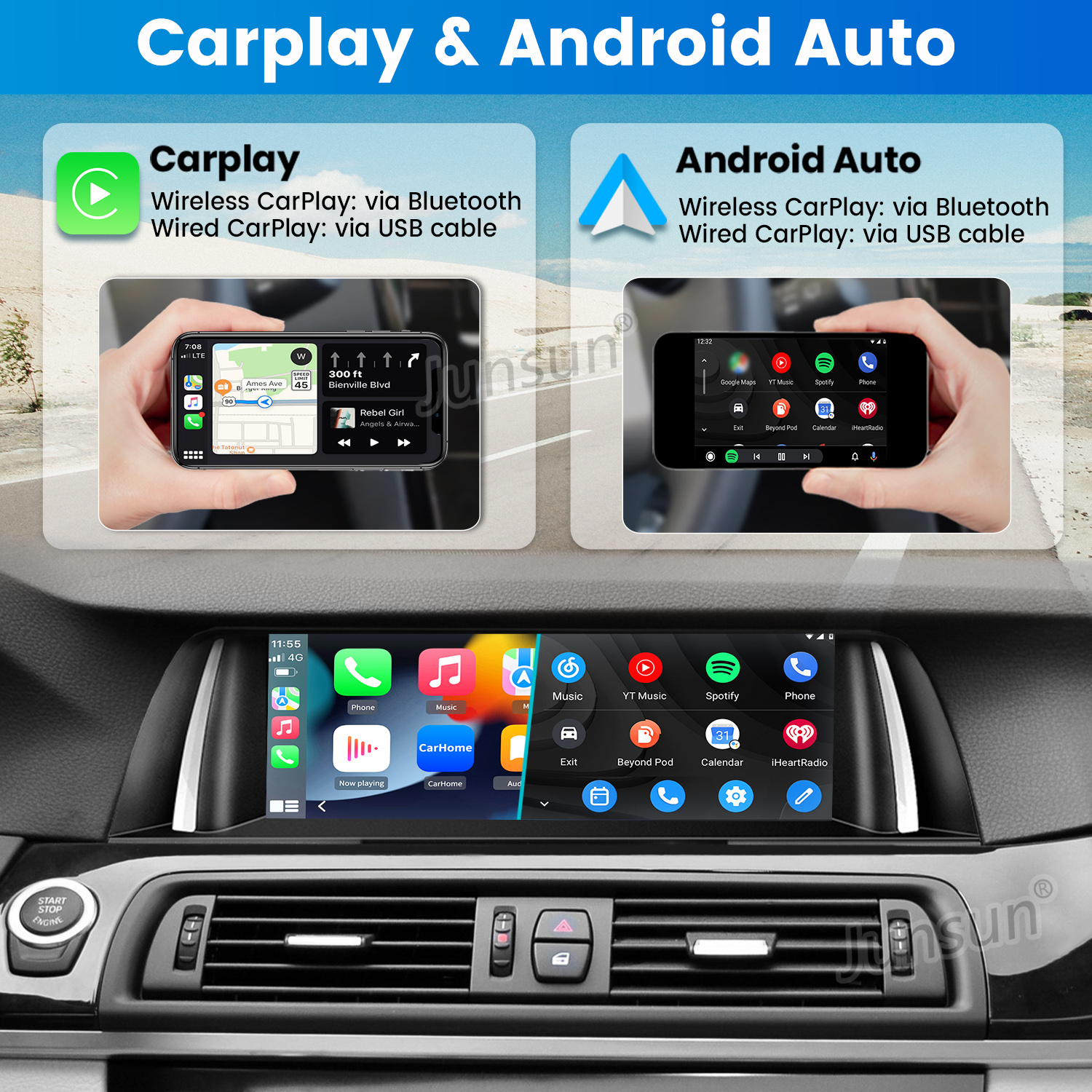 Screenshot di Apple CarPlay e Android Auto in un'auto.