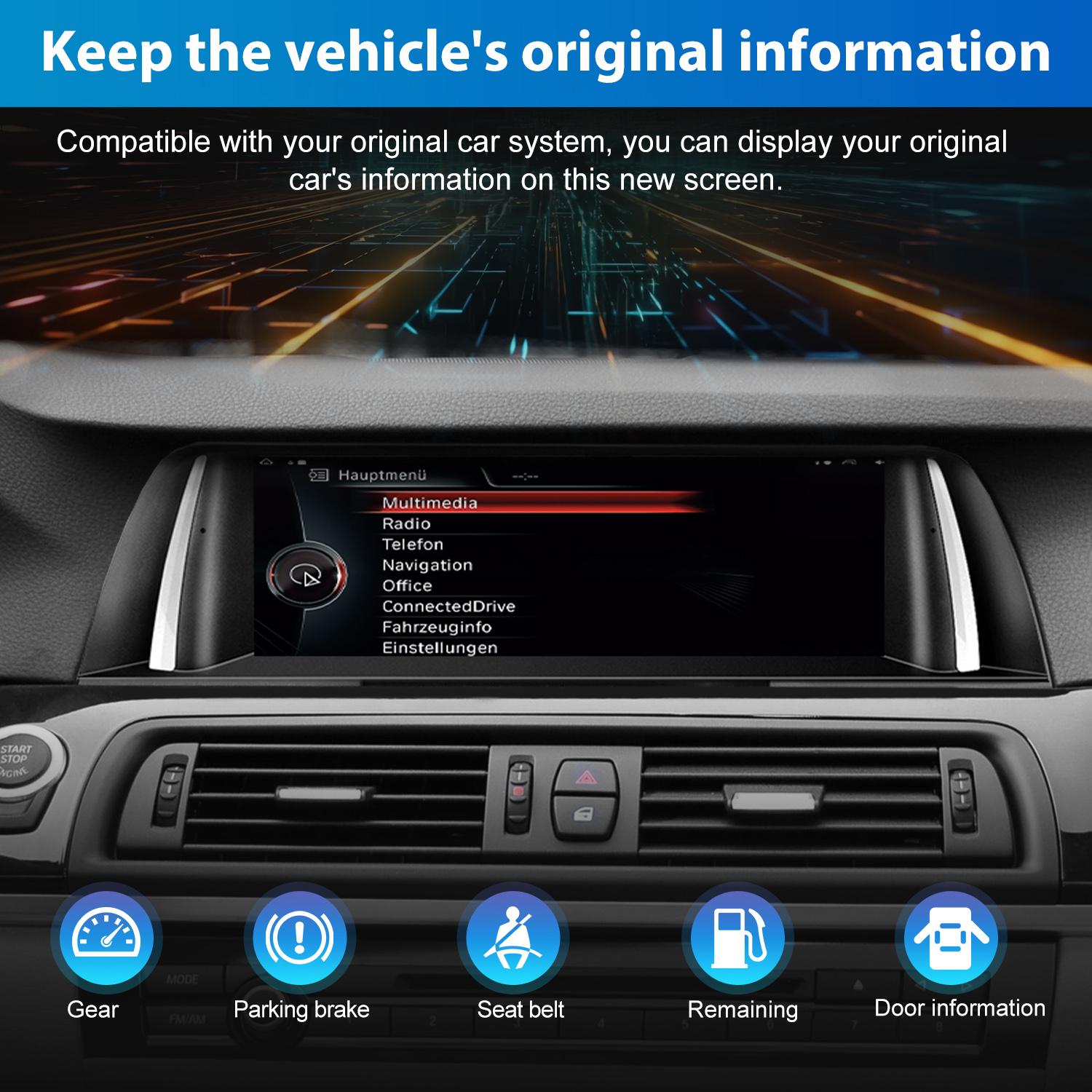 Cruscotto auto con schermo infotainment e icone per marcia, freno, cintura, carburante, porte.
