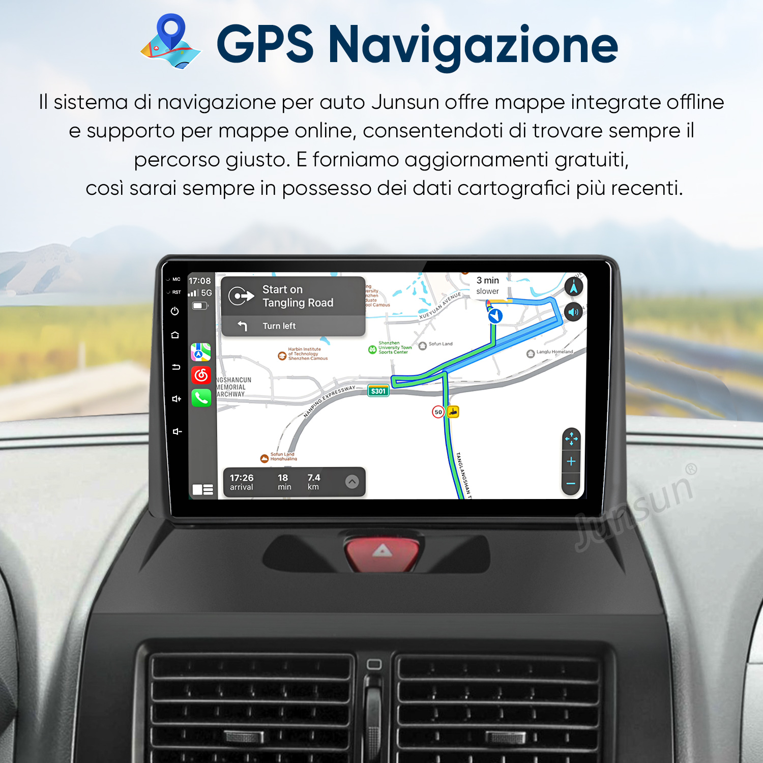 Sistema di navigazione GPS in auto con mappa e guida al percorso.