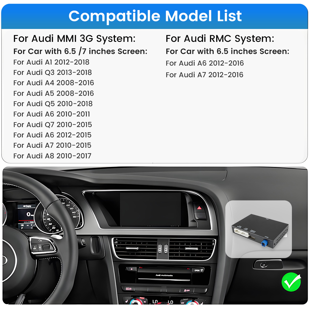 Elenco modelli compatibili per sistemi Audi MMI 3G/RMC e unità di controllo.