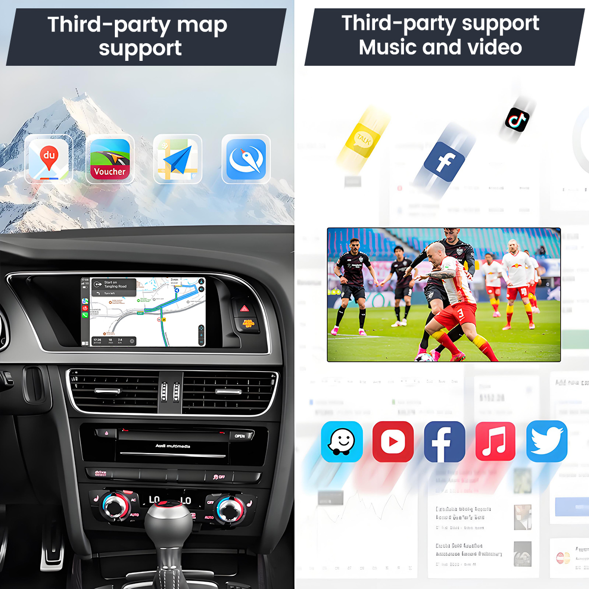 Wnętrze samochodu z ekranem nawigacji i aplikacjami, piłkarzami i ikonami mediów społecznościowych.