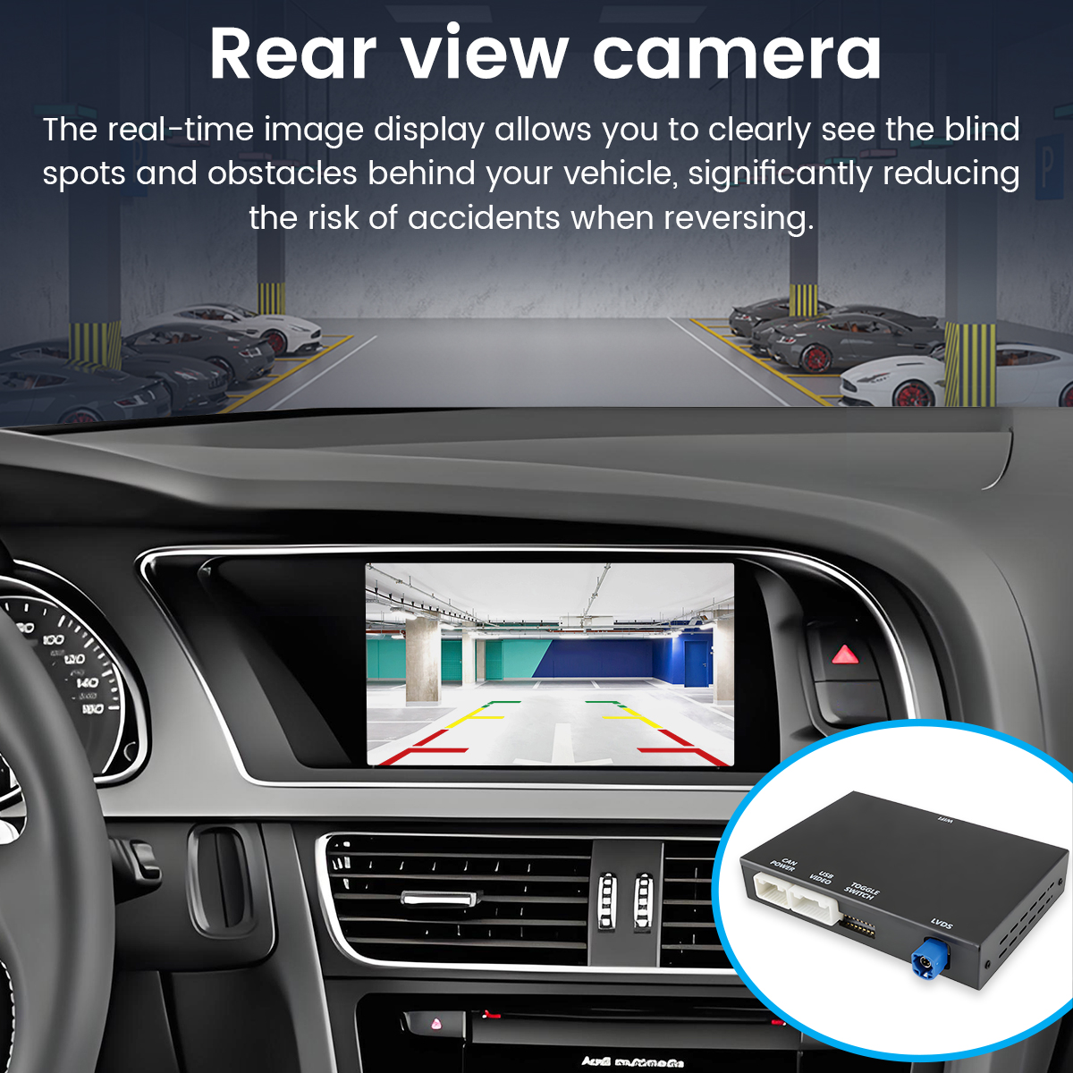 Wnętrze samochodu z wyświetlaczem kamery cofania i skrzynką sterującą.