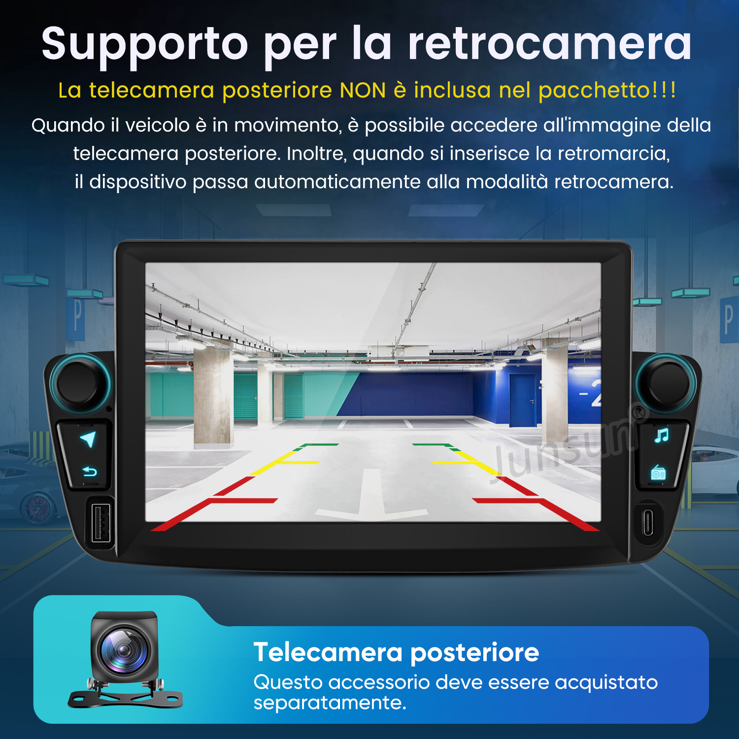 Autoradio che mostra vista retrocamera con linee di parcheggio.