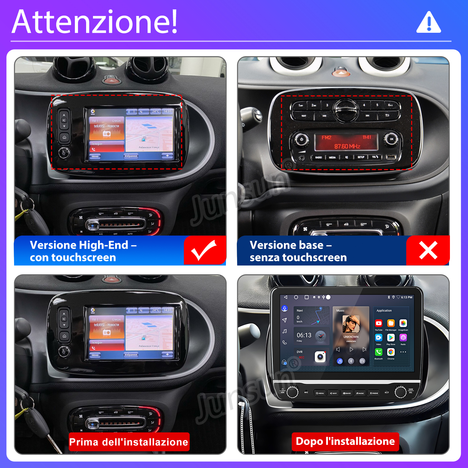 Quattro immagini di una autoradio, due prima e due dopo l'installazione.