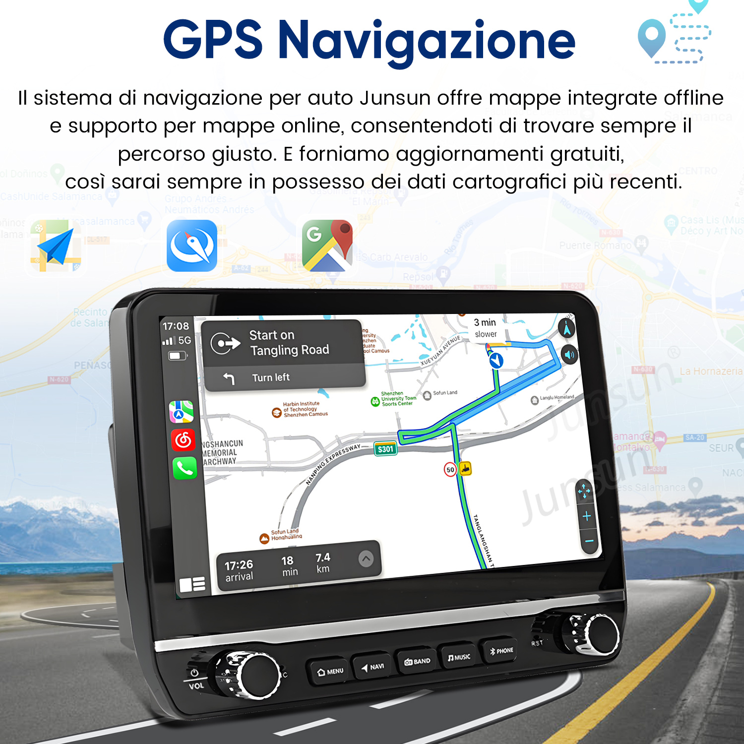 Un sistema di navigazione GPS per auto mostra una mappa con pianificazione del percorso.