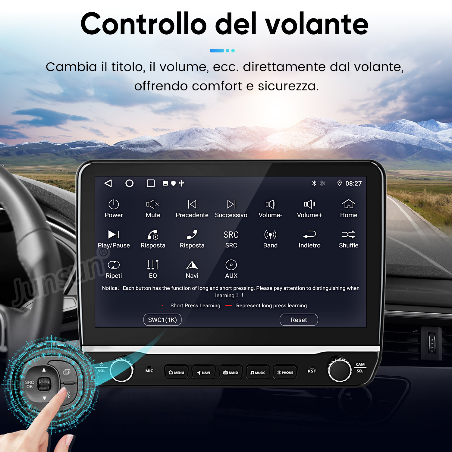 Sistema di infotainment per auto con comandi al volante e menu touchscreen.